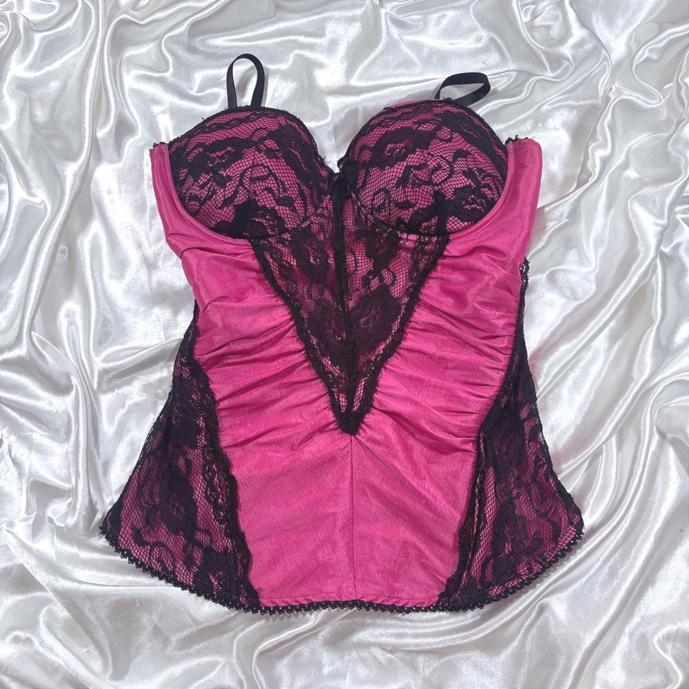 y2k Corset Top Pink Excellent Wet Seal Lace Up Back Ruched Floral Lace Trim